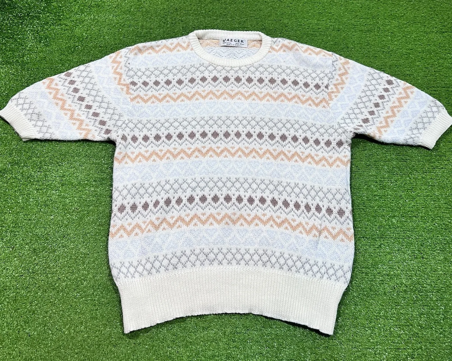 Vintage Jaeger Sweater Med Knit 80s Made In Britain Nordic Geometric Pattern - Image 1