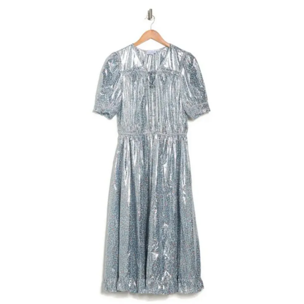 💕CURRENT AIR💕 Metallic Shine Midi Dress Shiny Blue Leopard Print Medium M NWT - Image 6