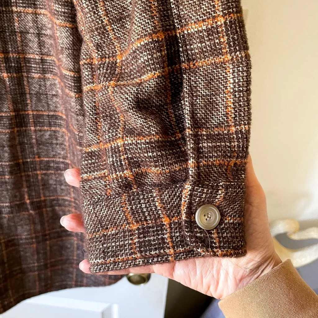 Frank & Eileen Gavin Shirt Jacket Bouclé Wool Orange Brown Plaid Medium EUC - Image 5
