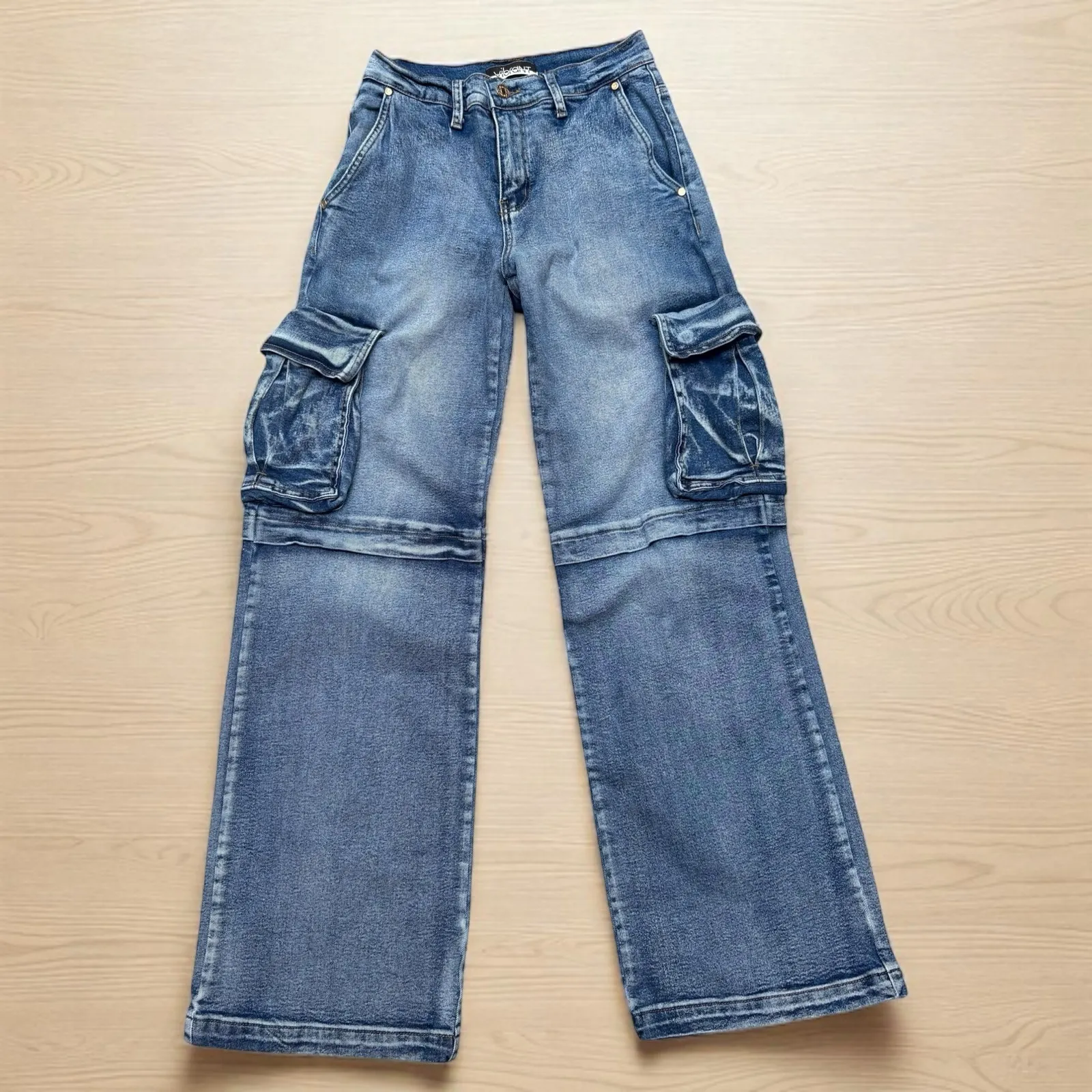 Vibrant MIU Baggy Jeans Sz S Blue Denim Cargo Wide Leg Skater Grunge Emo Y2K - Image 3