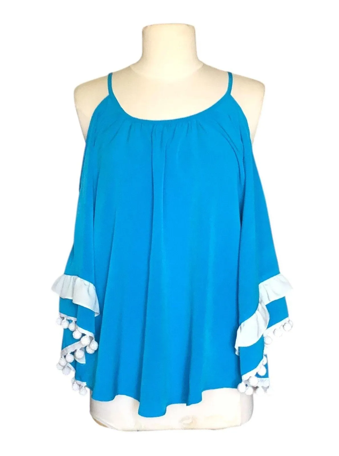 Vava by Joy Han Blue Cold Shoulder Top Pom Pom Trim Blouse Women's Size Small - Image 5