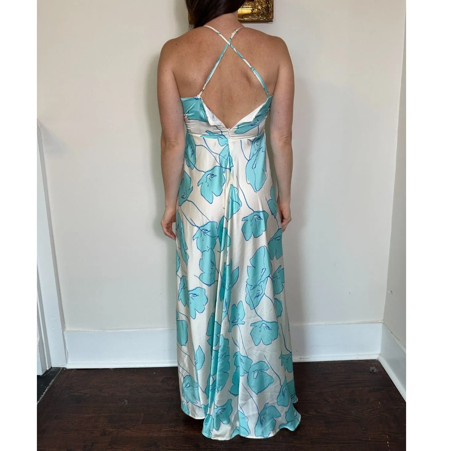 Artigli White Blue Floral Satiny Maxi Dress fits Like Size 2 NWT - Image 3