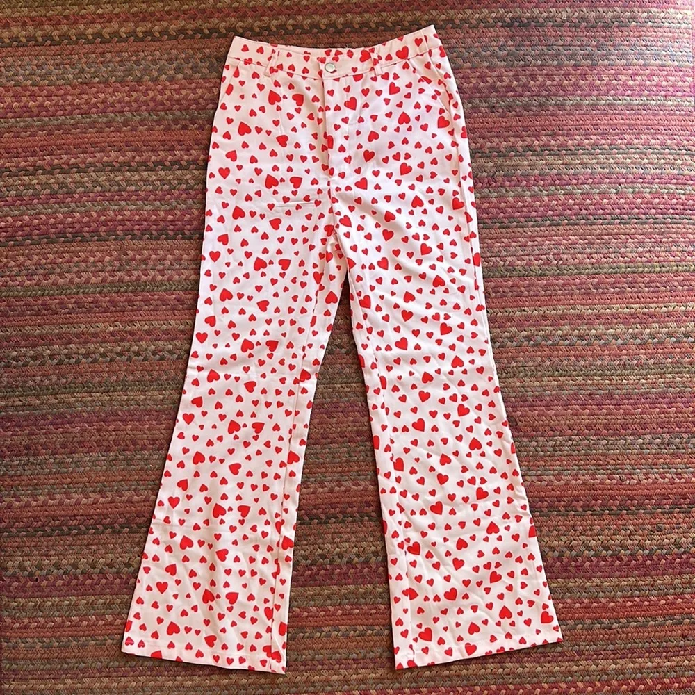 ALL OVER HEART PRINT FLARE PANTS VALENTINES Red - Image 2