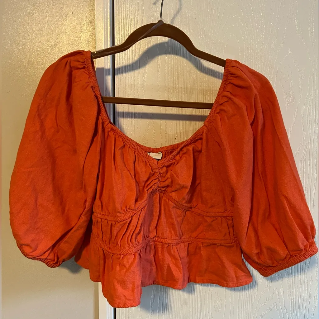 A New Day Orange Coral Cropped Linen Balloon Sleeve Top Babydoll Bodice sz M - Image 2
