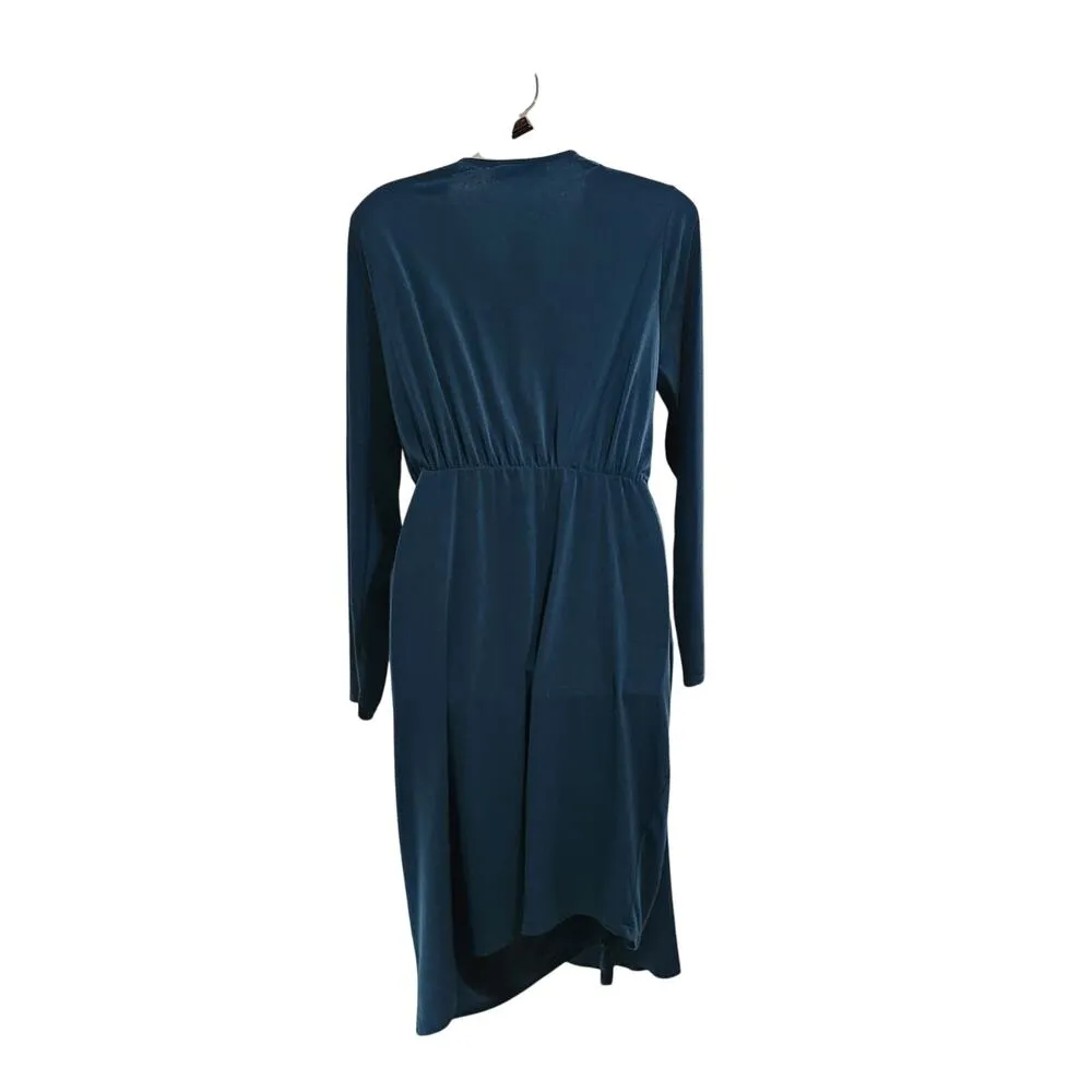 Fashion To Figure Long Sleeve Drape Front Midi Dress Faux Wrap Stretch Blue XL - Image 2