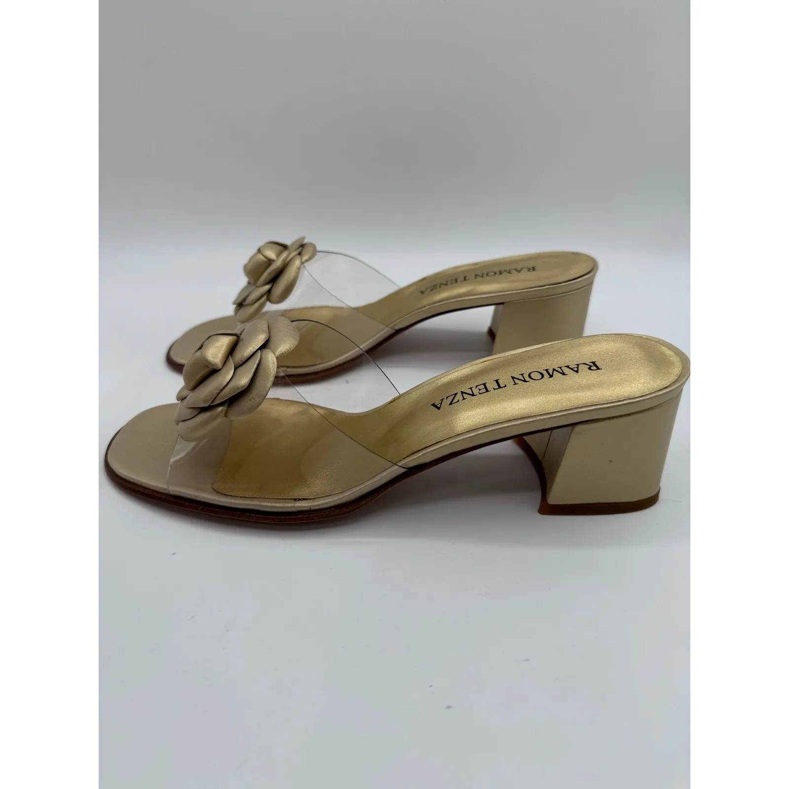 Vintage Ramon Tenza Gold‎ Leather Floral Slide Sandals Clear Strap 8N Spain Rare Gold Size 8 - Image 4