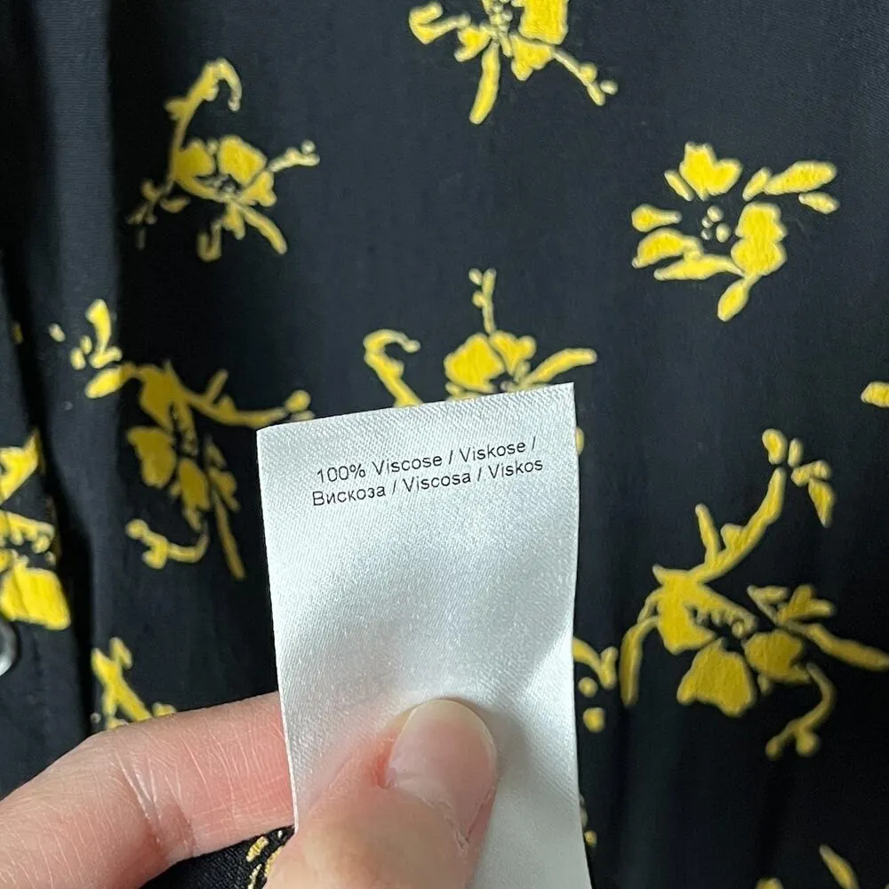 ganni black yellow floral print crepe collared button shirt dress - Image 9