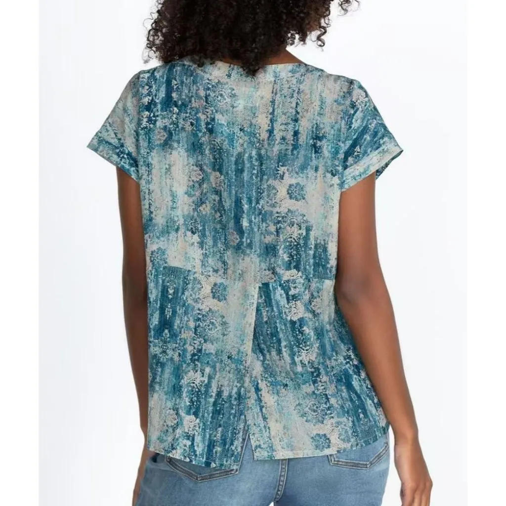 NWOT Johnny Was Santorini Blouse Silk Pete Greta Women Size L Blue Short Sleeve - Image 2