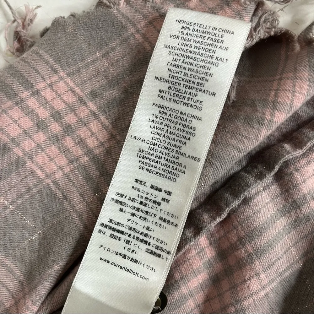 CURRENT ELLIOTT Plaid Shirt The Prep School Fray Pink Taupe Tinsel Size 2 - Image 10