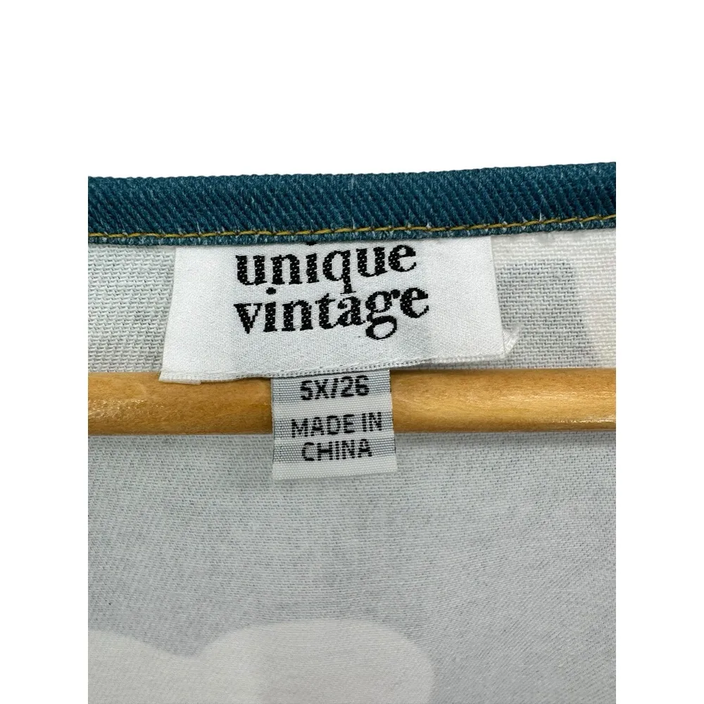 Unique Vintage Plus Size 5X Blue Denim‎ & Egg Flower Print Fit & Flare Dress - Image 4