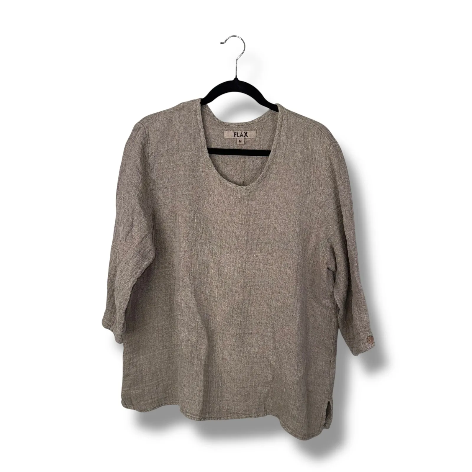 FLAX Linen‎ Top Women's Medium Beige 3/4 Sleeve Casual Blouse Made in Lithuania - Image 2
