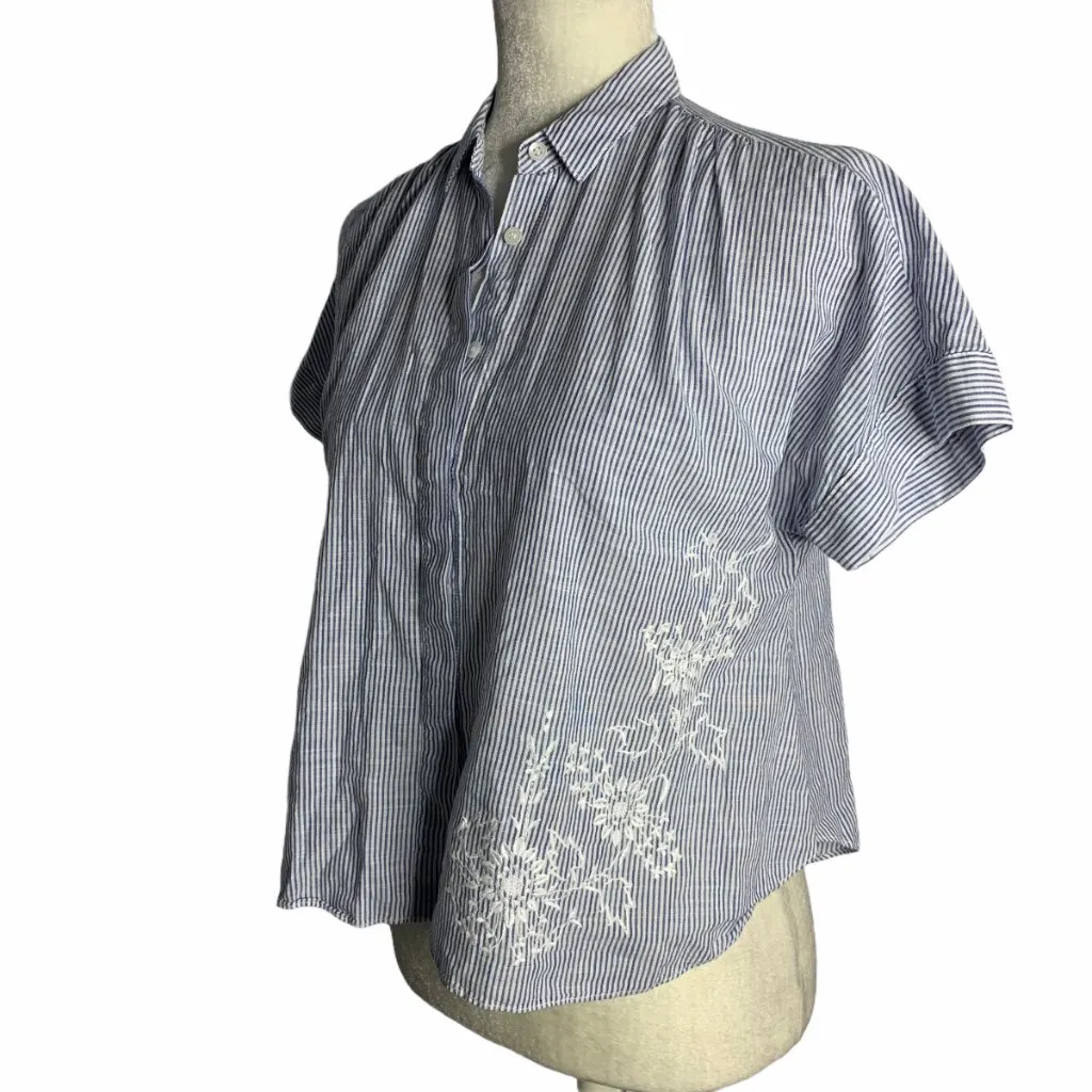 Floral Embroidered Button Up Striped Shirt 60PE Blue Size M - Image 2