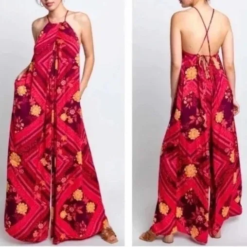Free People Luca Floral Halter Neck Wide Leg Jumpsuit Size L - Image 8