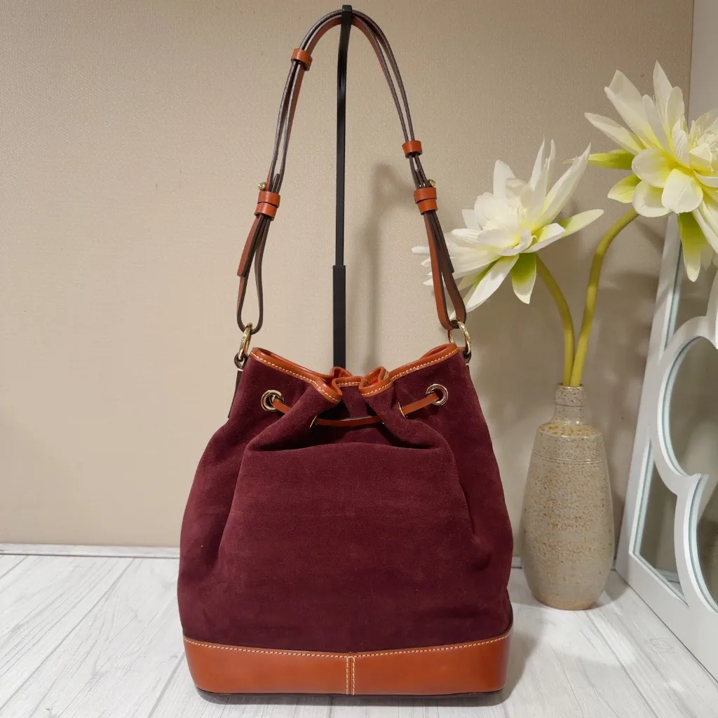 Dooney & Bourke Burgundy Suede Leather Drawstring Bucket Shoulder Bag - Image 8