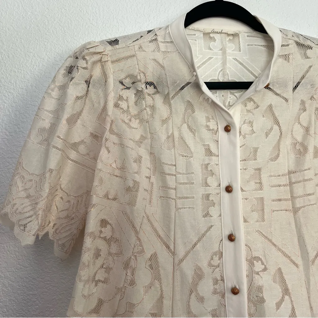 Anthropologie Floreat Sagesse Lace Button Down Top in Light Cream 0 - Image 3