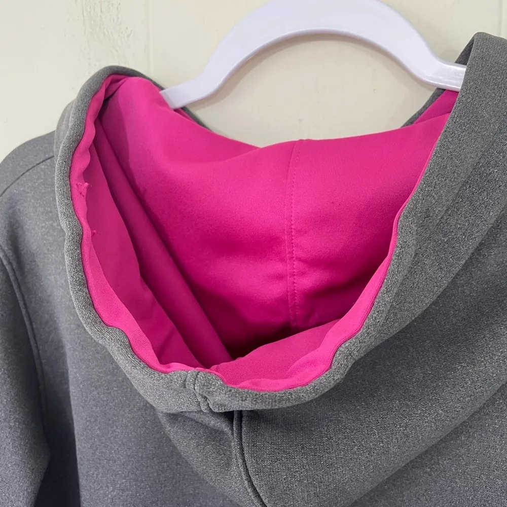 Under Armour Grey Pink Logo Hooded Long Sleeve Cold Gear Semi Fitted Top ~ Sz M - Image 14