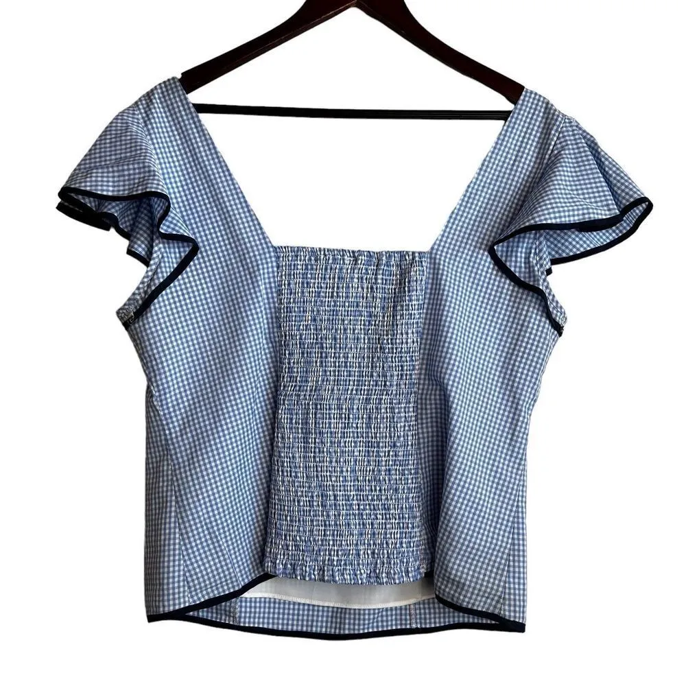 STS sail To Sable Size Large Blue White Gingham Plaid Top Shirt Flutter Sleeve - Image 2