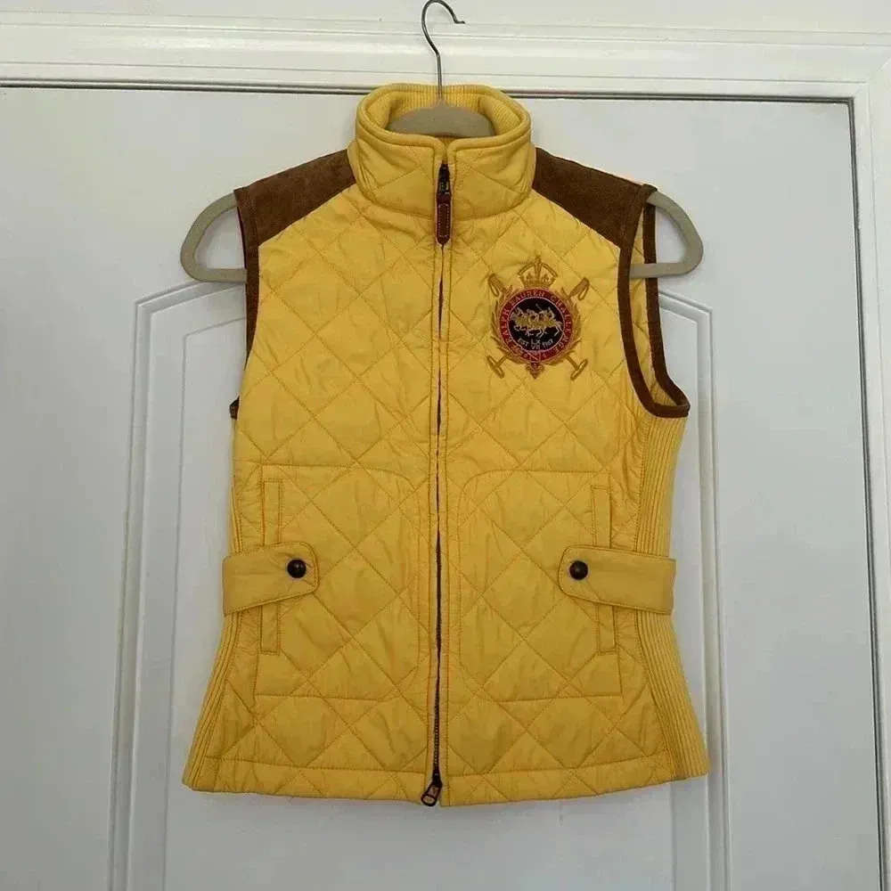 Ralph Lauren Sport Essex Crest Equestrian Vest Quilted Yellow Suede Sz SP - Image 4