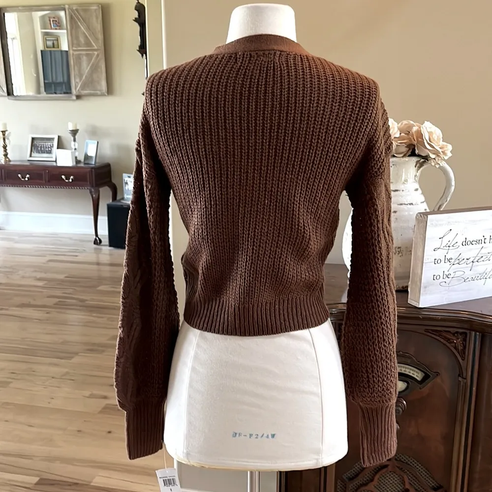 Planet Gold Sweater Cappuccino Brown Cable Knit Cropped Cardigan Women Small New - Image 6