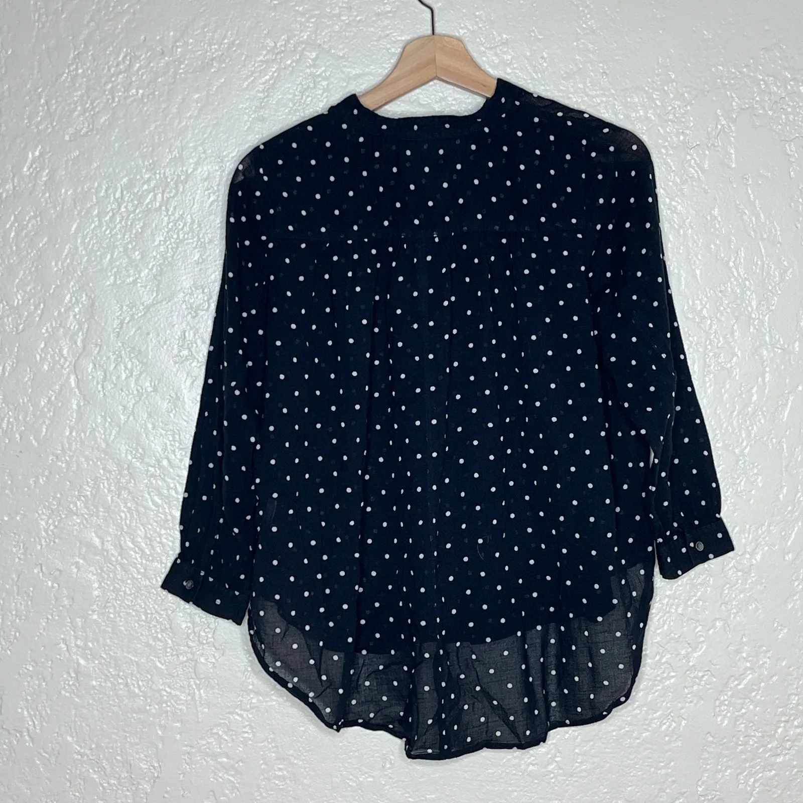 Madewell Womens' Polka Dot Shirred Popover Button Shirt Black White Size Small - Image 5