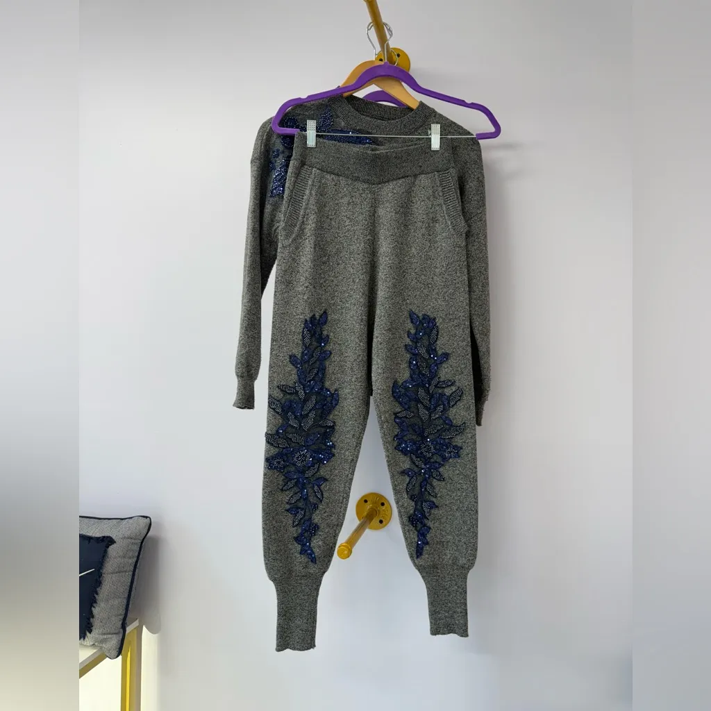 Gray Sweater with Blue Embellishments Size M - Image 3