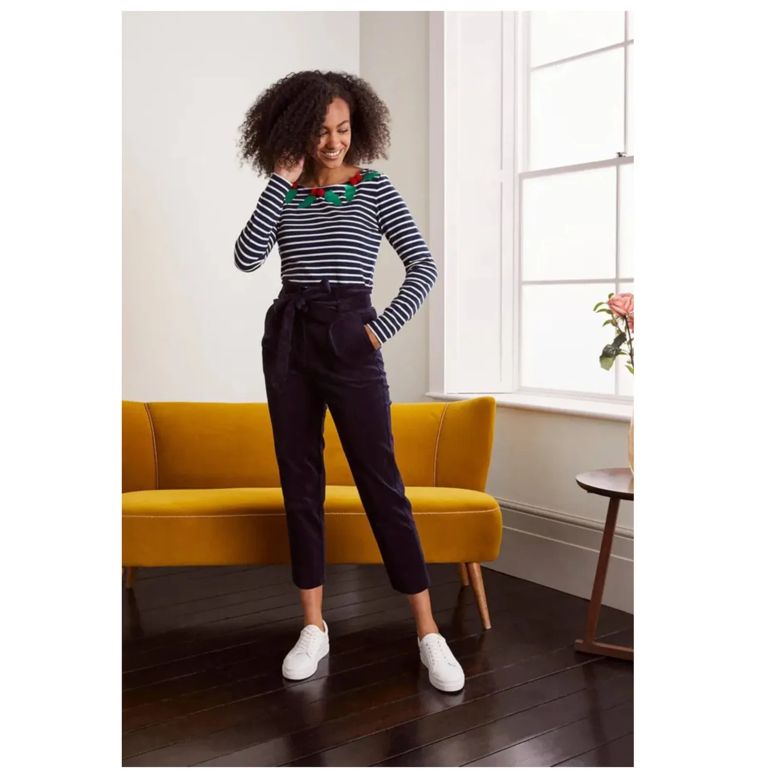 BODEN Christmas Breton Shirt In Glitter Pom Holly Size US/2 Blue - Image 3