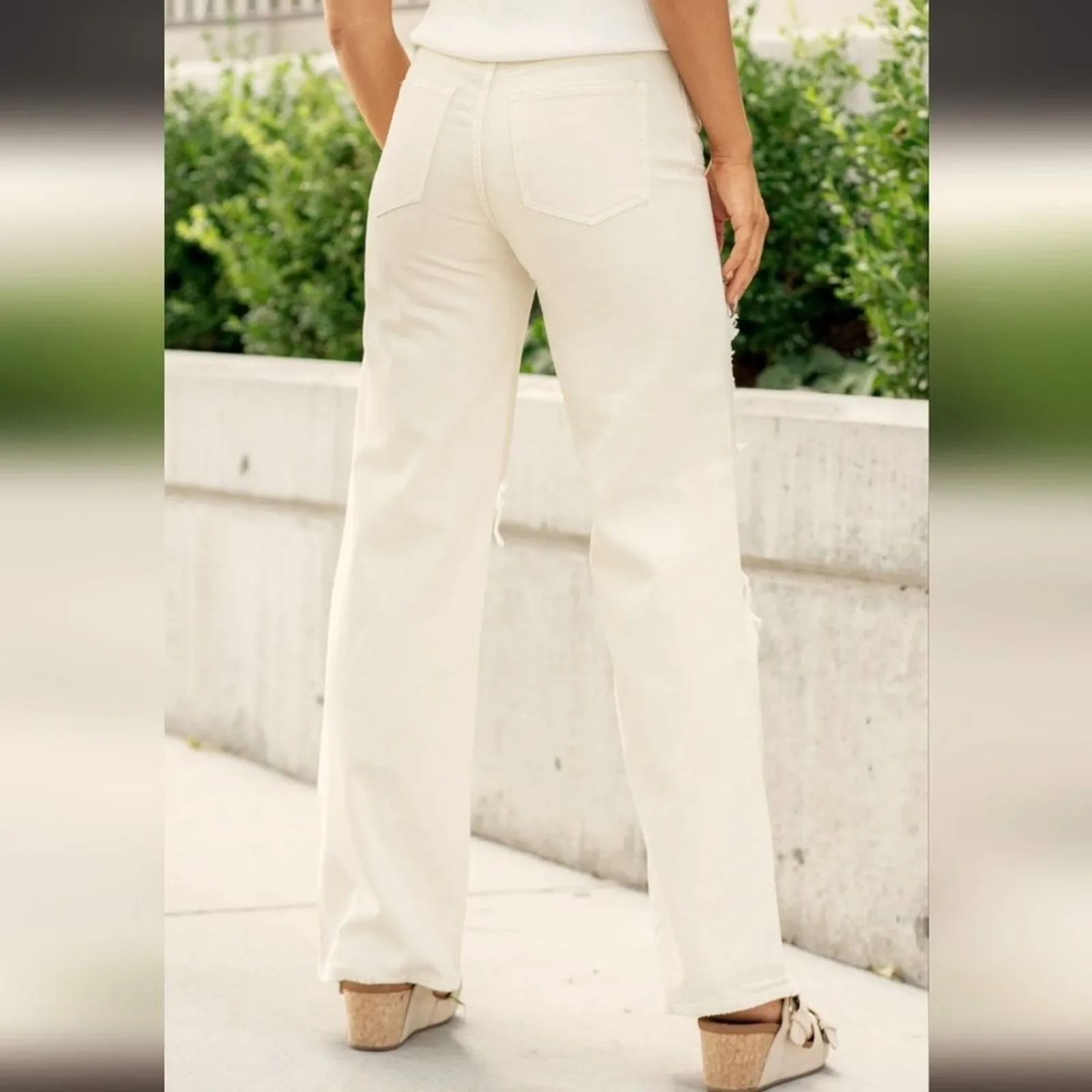 Vervet 90s Dad Jeans Womens 28 Wide Leg Cream Tan Ripped Destroyed Pants NWT - Image 11