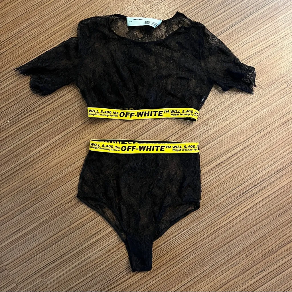 Off-White Industrial Sporty Black Lace Intimate Set with Yellow Waistband - Image 10