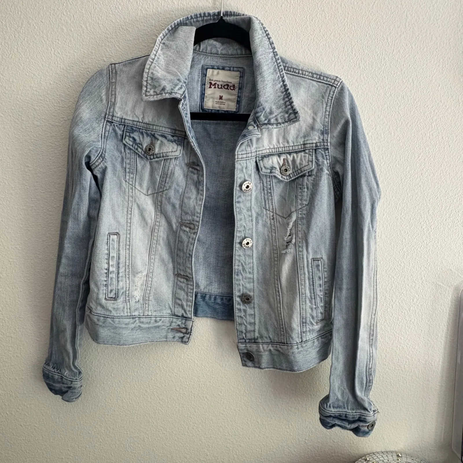 Mudd  Denim Jacket Medium Light Wash Distressed Ripped‎ Jean Jacket Casual - Image 3