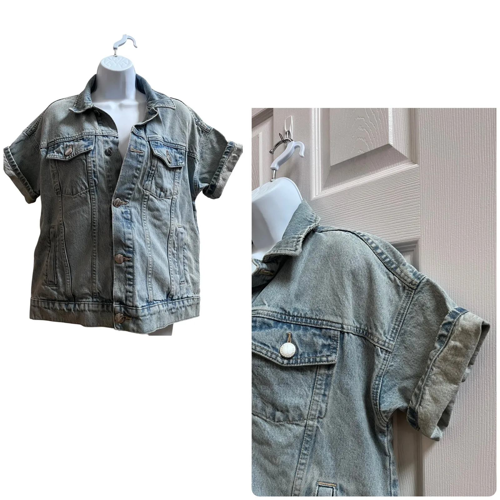 Current Elliot Rolled Short Sleeve Denim Trucker Jacket Oversized Size 0 USA Blue - Image 3