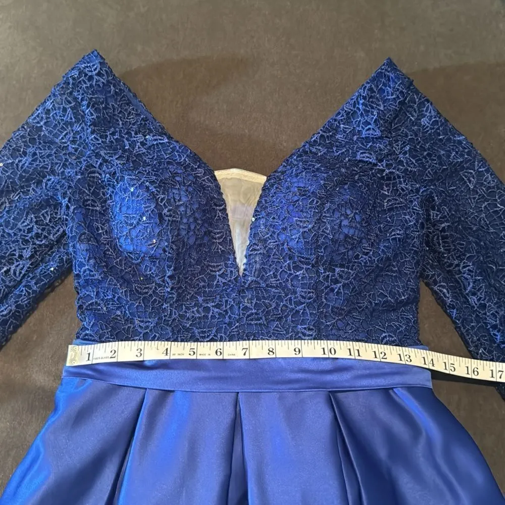 Women’s Blue Full Length 3/4 Sleeve Sparkly Sheer Bodice Dress Leg Slit Size 6 - Image 9