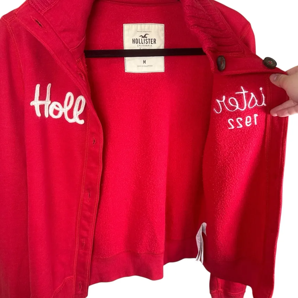 Hollister Red Button Fleece Cardigan Jacket Y2K Preppy Logo M Soft Girl Cozy - Image 6
