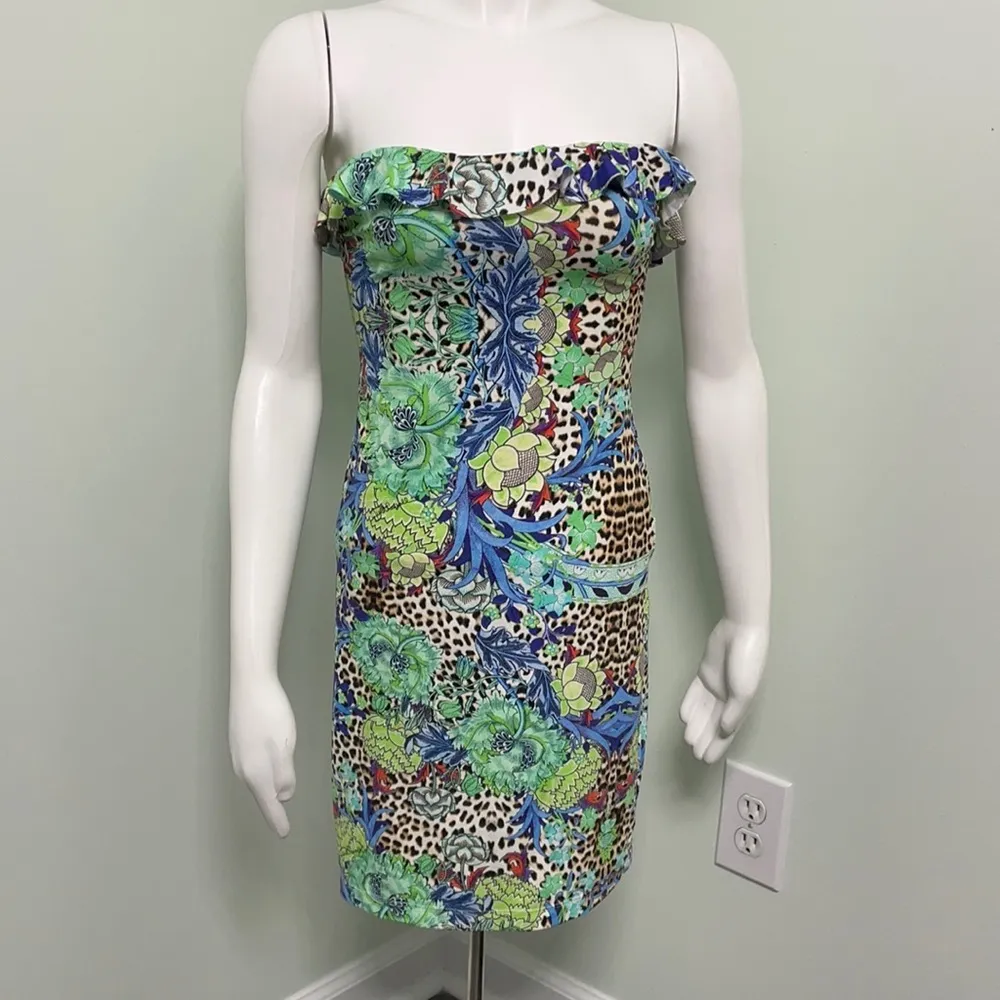 Just Cavalli ruffle leopard floral strapless dress - Image 2