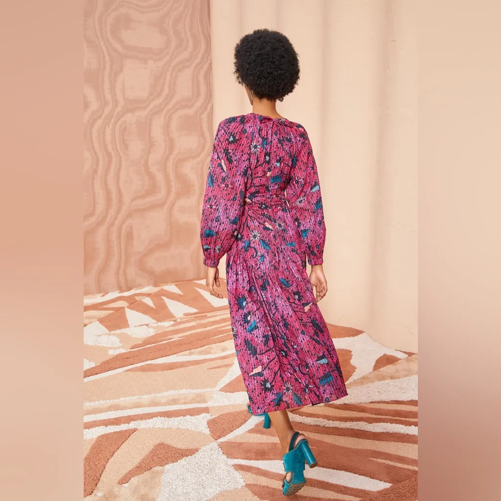 Ulla Johnson Helia Ruched Print Cotton Midi Dress Pink Snapdragon Size 2 Cut Out - Image 4