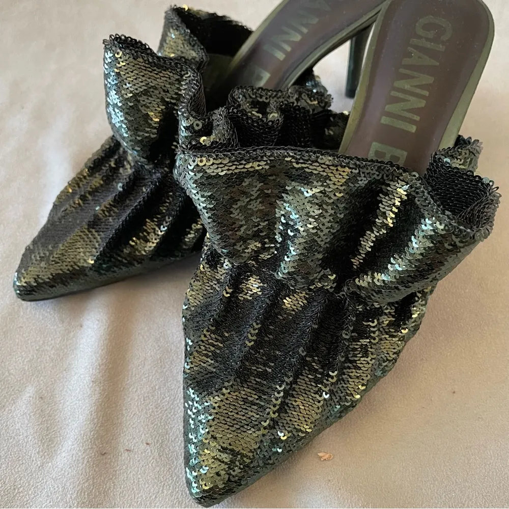 Ruffle Sequin Mules Heels Green Size 7 - Image 7