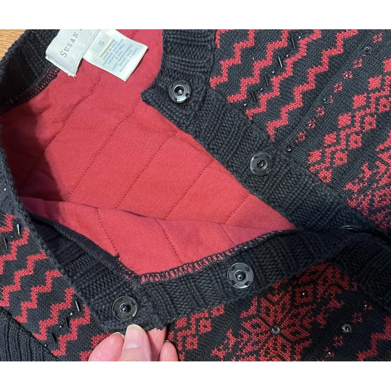 Susan Bristol Red And Black Button up 100% Cotton Quilted Lined Cardigan Sz S - Image 6
