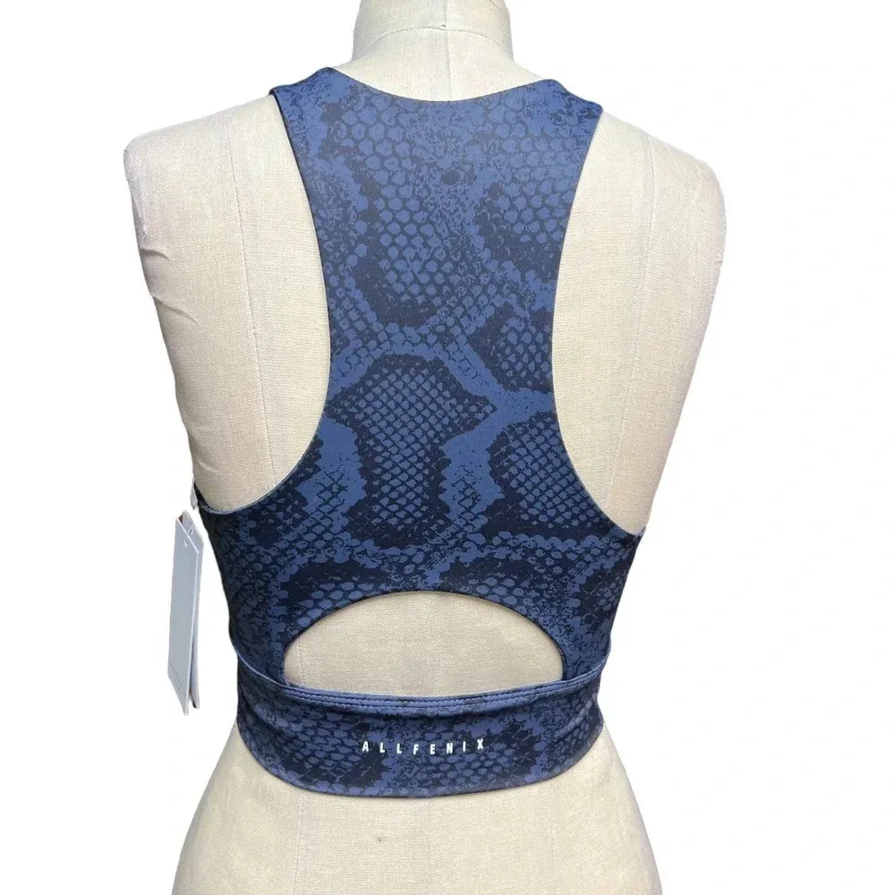 Allfenix Long Sports Bra Racerback‎ Stretch Snake Animal Print Navy Blue Medium - Image 6