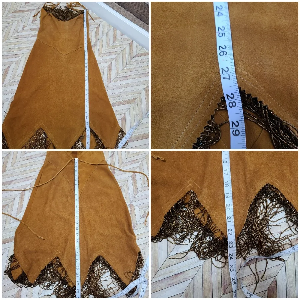 Western leather suede, kasey musgraves vibes,lace up,fringe bead vintage dress S Tan - Image 11