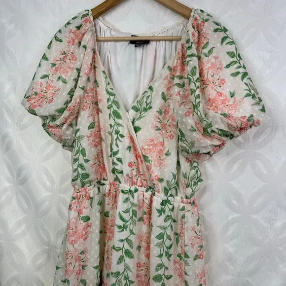 VICI Floral Print Ruffle Mini Dress Womens Medium White Pink Green Short Sleeve - Image 10