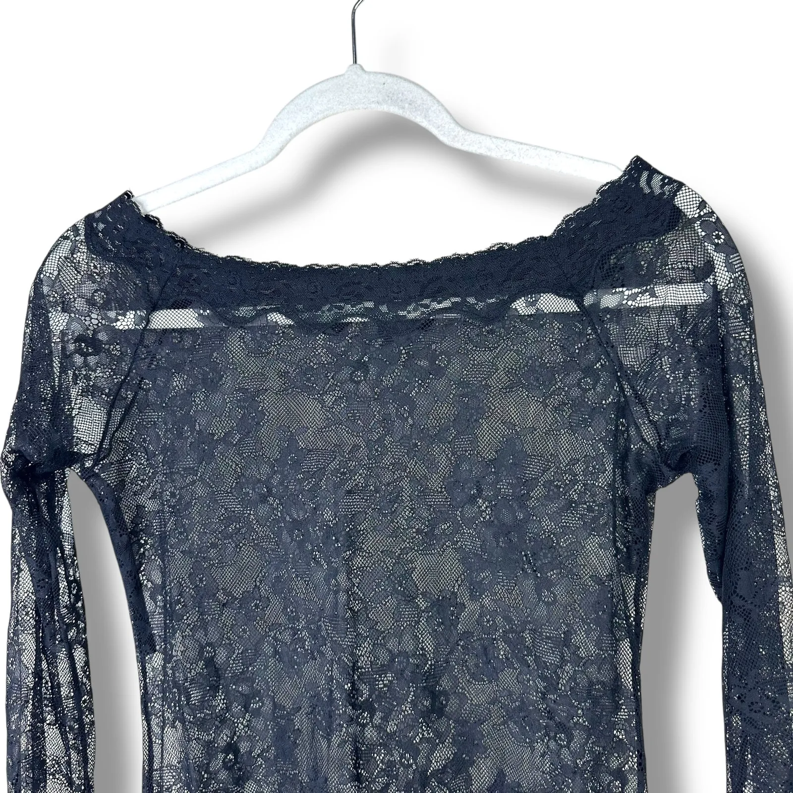 Floral Lace Black Long Sleeve Boat Neck Romantic Sleepwear Lingerie Mini Dress Size M - Image 3