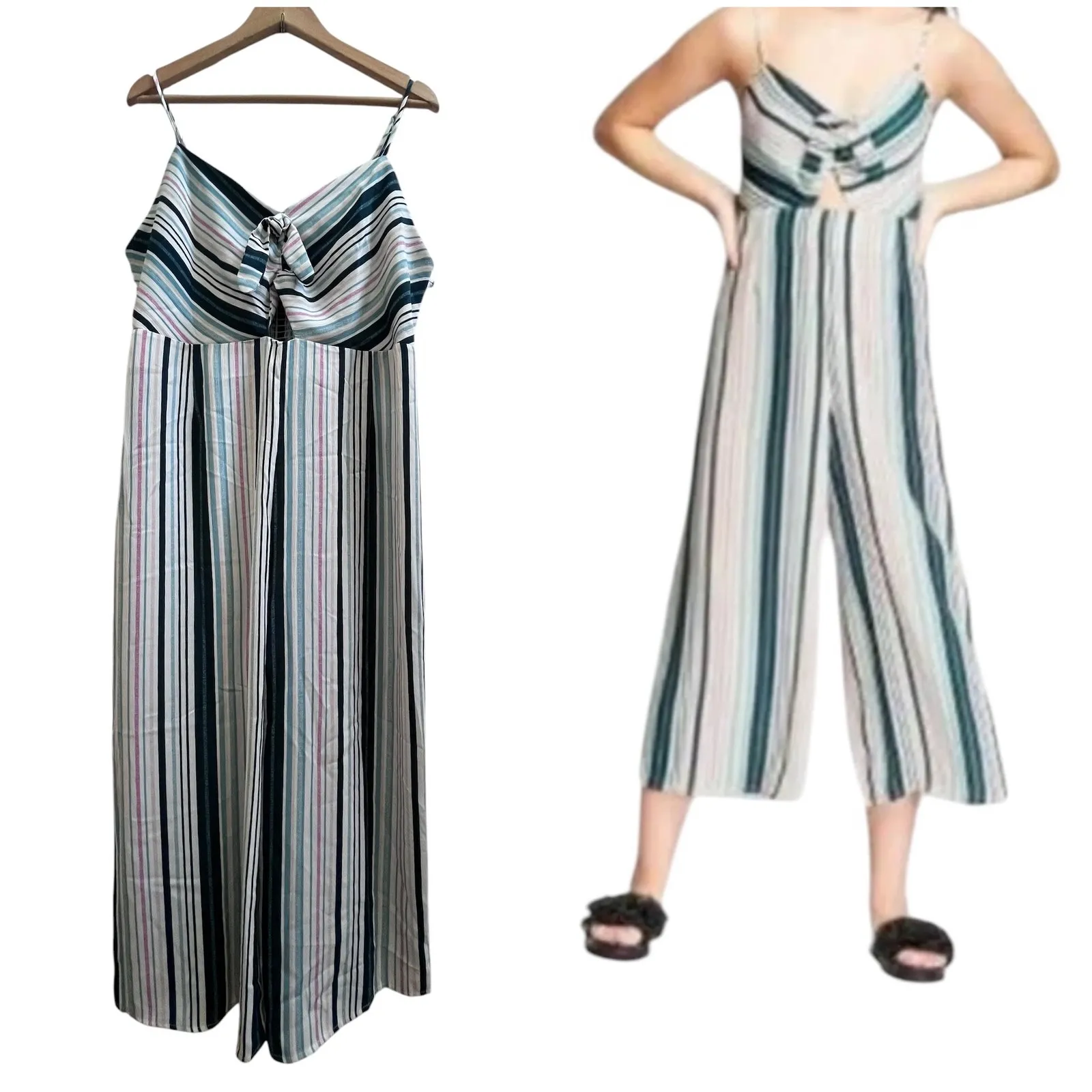 Xhiliration Striped Sleeveless Keyhole Front Cropped Jumpsuit Junior Size XL - Image 13