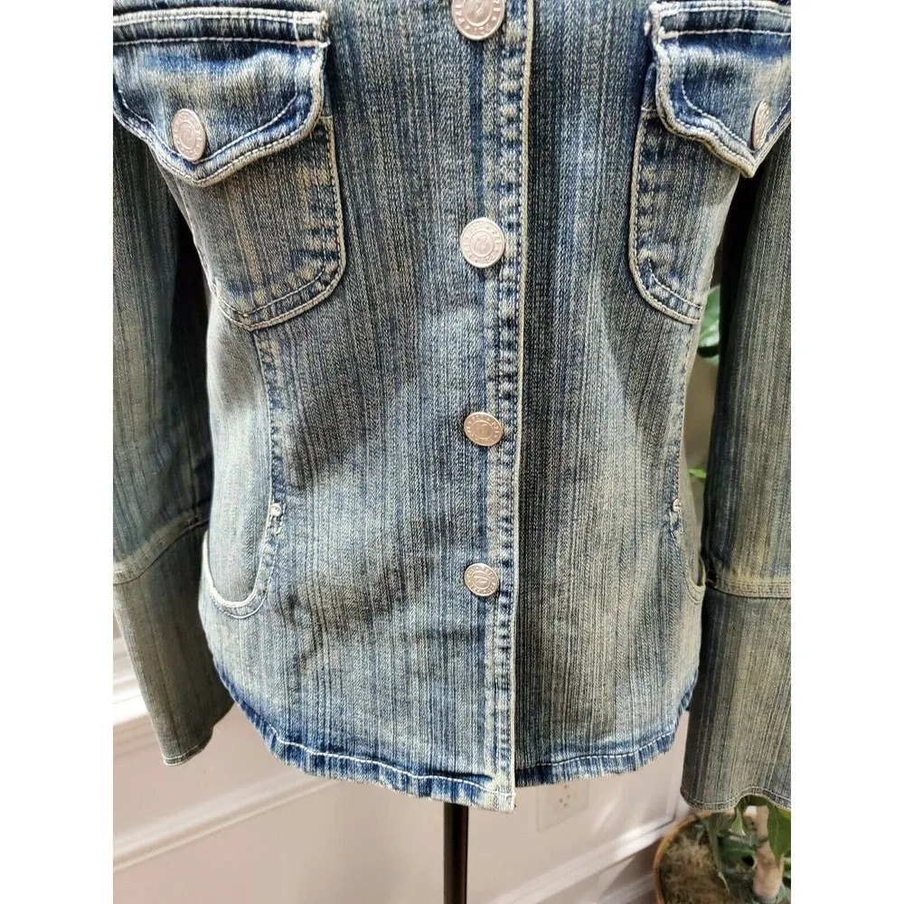 PZI Denim Women Blue Cotton Long Sleeve Buttons Front Jeans Jacket Blazer Size M Size M - Image 3