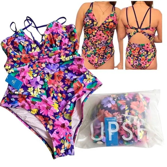 NEW Cupshe SWIMSUIT Women's LG 1PC V-Neck Tummy Control ADJ Straps Back O-Ring - Image 2