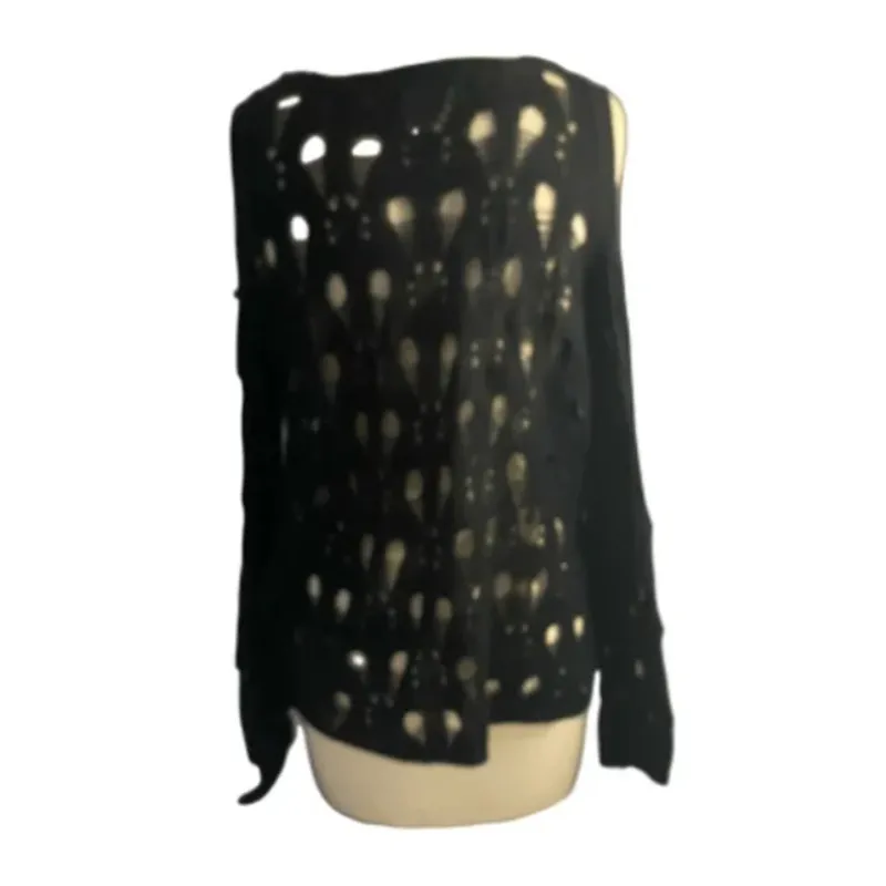 Boho Gothic Punk Open Knit Crochet Long Sleeve Cold Shoulder Top Lush Black S - Image 7