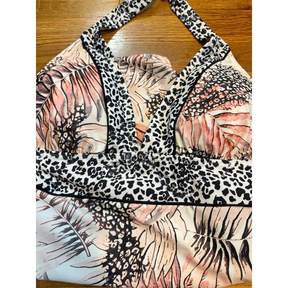 Venus Women’s 12 Pink Black Tropical Cheetah Print Halter One Piece Swimsuit - Image 6