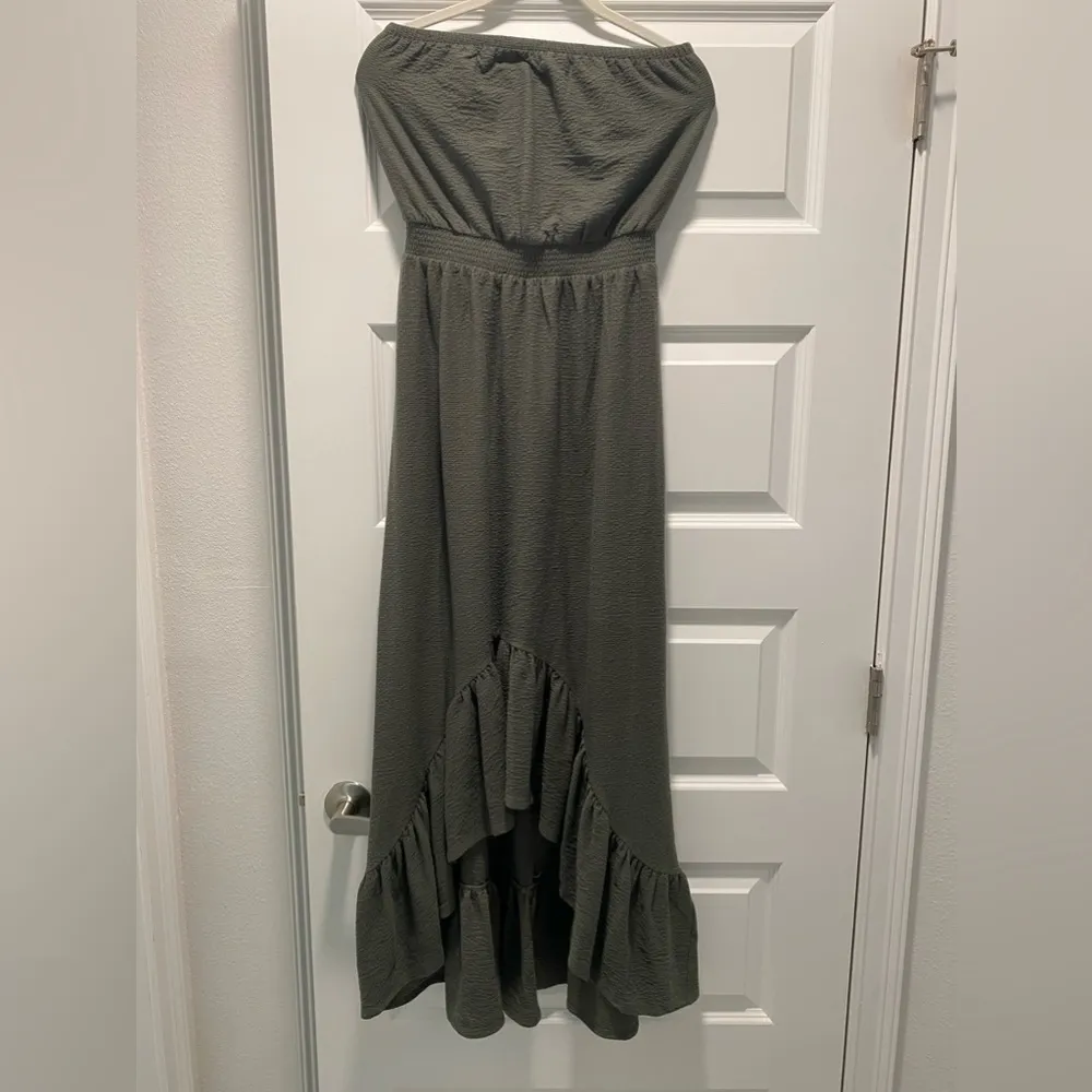 New Express Olive Camo Green Midi Dress Strapless High Low - Image 2