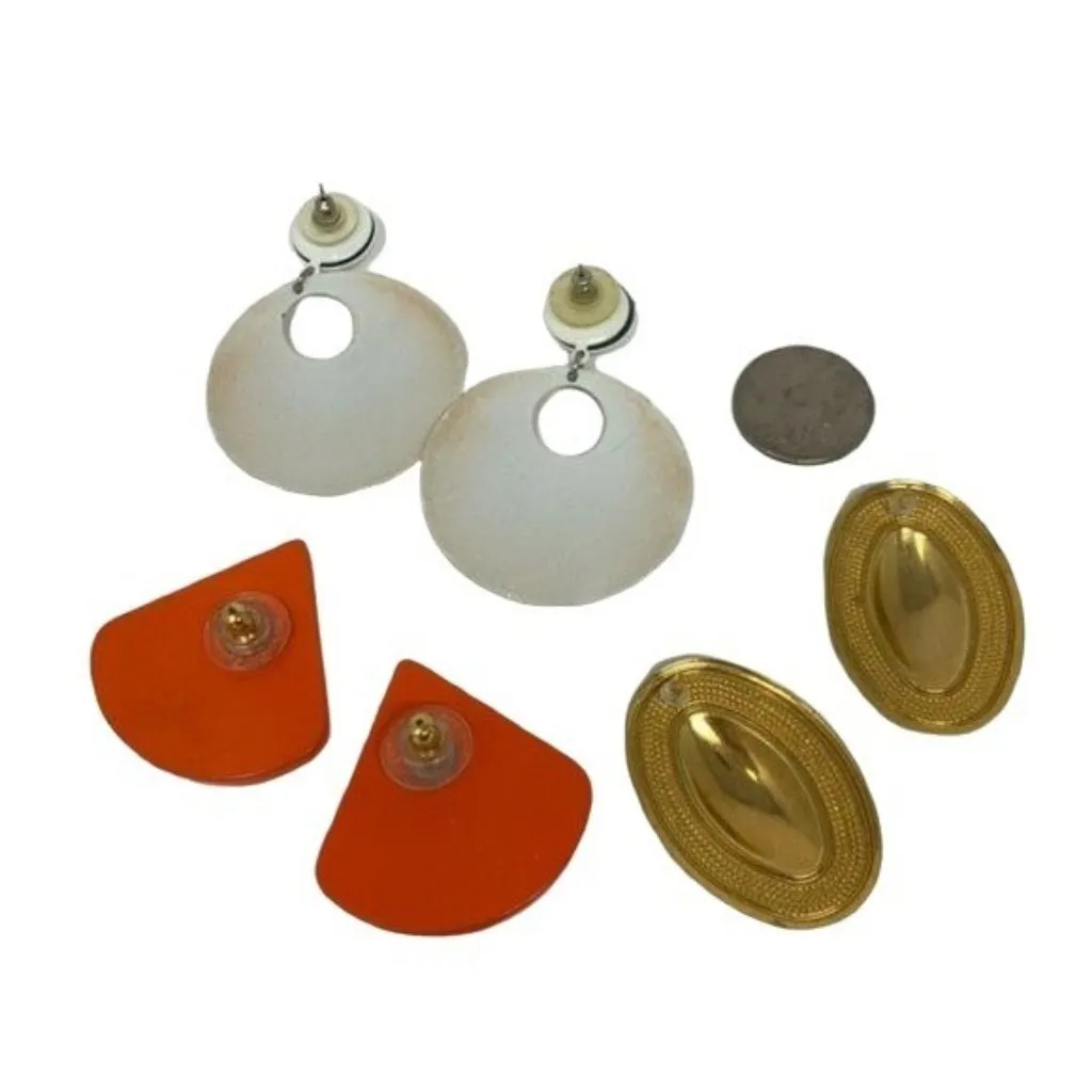 Vintage 80s 90s Pierced Earrings Metal Oval Geometric Gold Cream Retro - Image 4