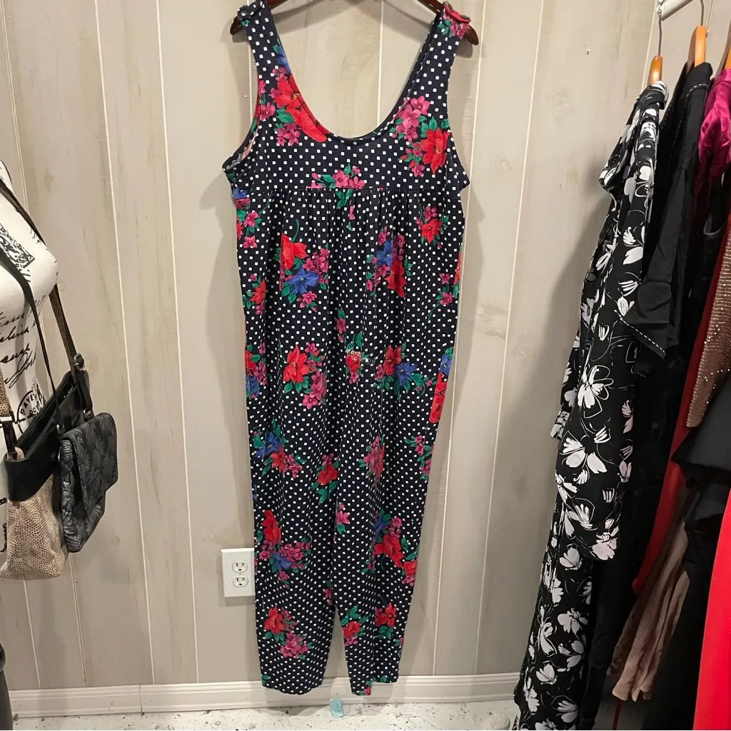 Vintage 80s Randi jumpsuit oversized made in USA cotton blend polka dot floral Black Size L - Image 9