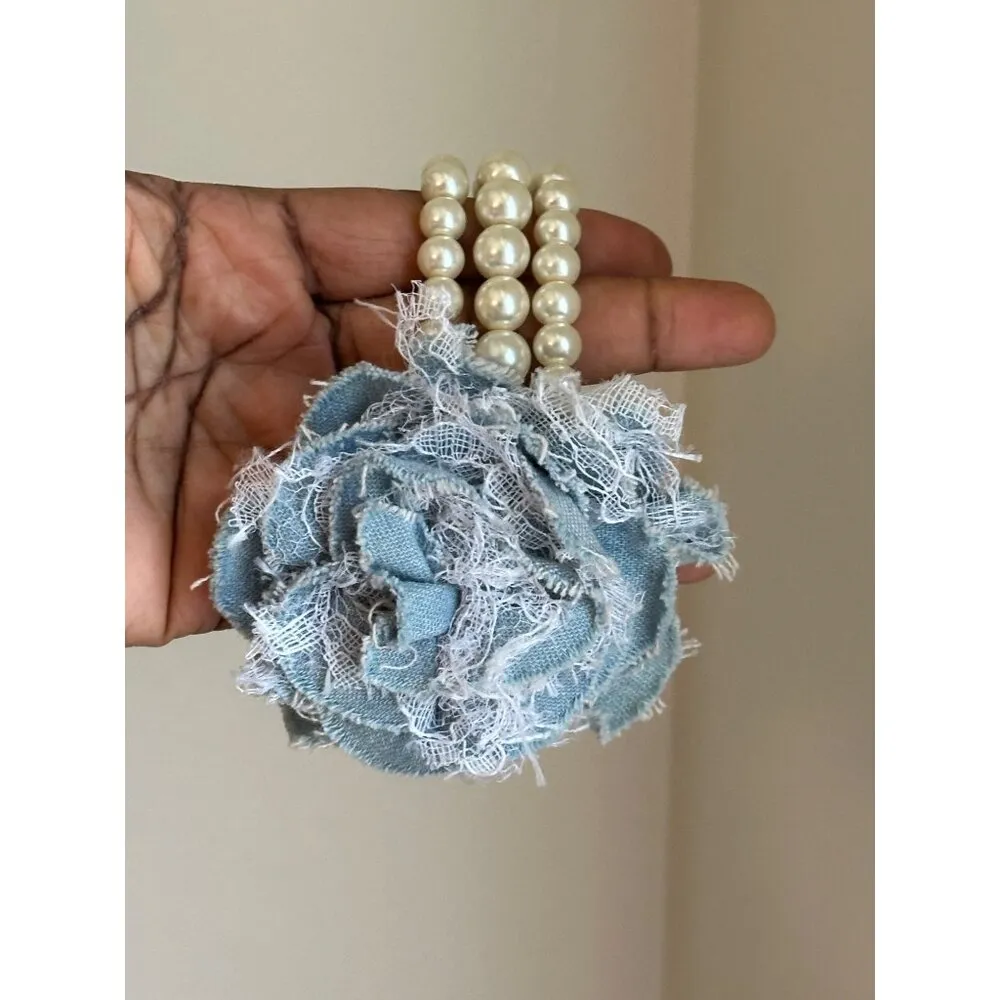 Handmade Pearl Bracelet Shabby Chic Denim & Lace Flower Corsage Wedding Bridal White - Image 4