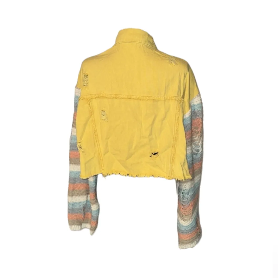 NWOT POL Dandelion Yellow Striped Sleeve Cropped Jacket sz M - Image 4